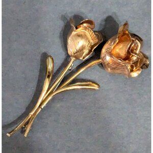 Krementz Rose & Leaf Brooch Pin Gold Filled Two-Tone Dainty Delicate Signed VTG